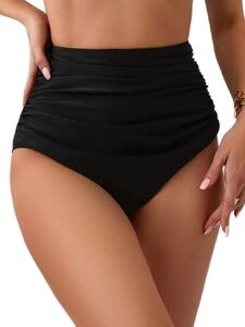 NWT Black‎ Ruched Sides Solid Bikini Bottom High Thighs Slimming Sexy XL